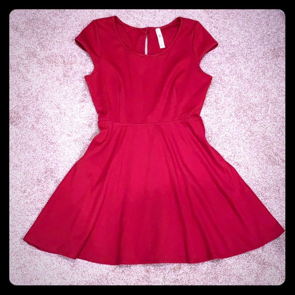 Red Fit and Flare Dress with Cap Sleeves